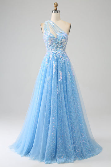 Splendida linea una spalla blu chiaro abito lungo in tulle prom con applicazioni